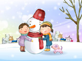 Дети обнимают снеговика